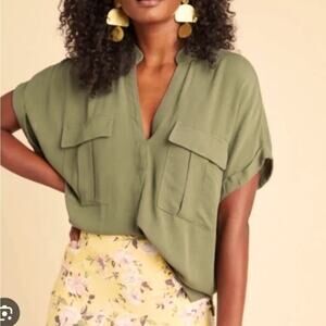 Maeve by Anthropologie Amira Utility Blouse Womens Avocado V Neck Small
